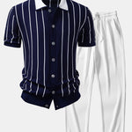 Stripe Button Up Knit Shirt & Straight Leg Ribbed Pants Set