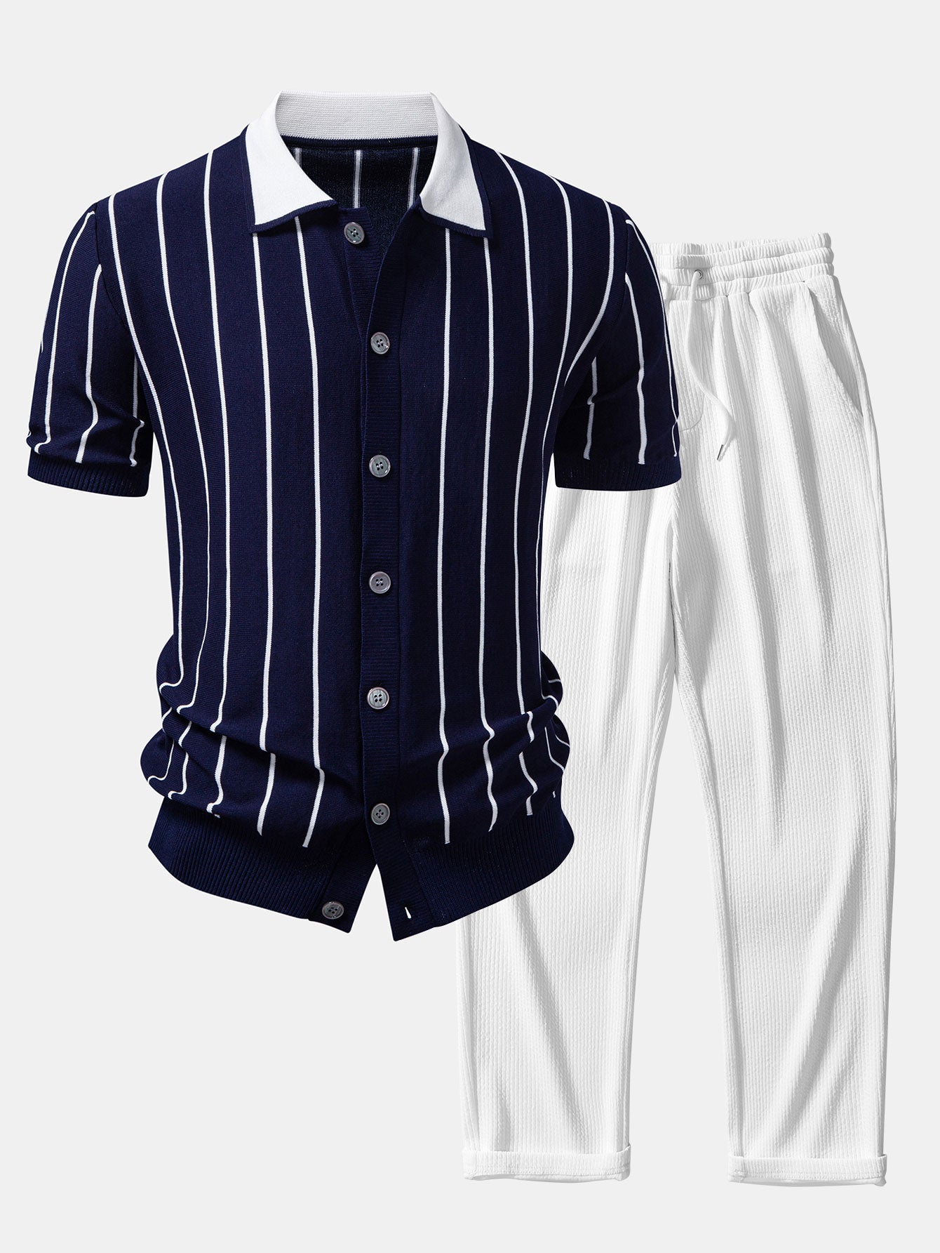 Stripe Button Up Knit Shirt & Straight Leg Ribbed Pants Set