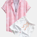 Palm Tree Island Print Shirt & Drawstring Swim Shorts Set