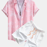 Palm Tree Island Print Shirt & Drawstring Swim Shorts Set