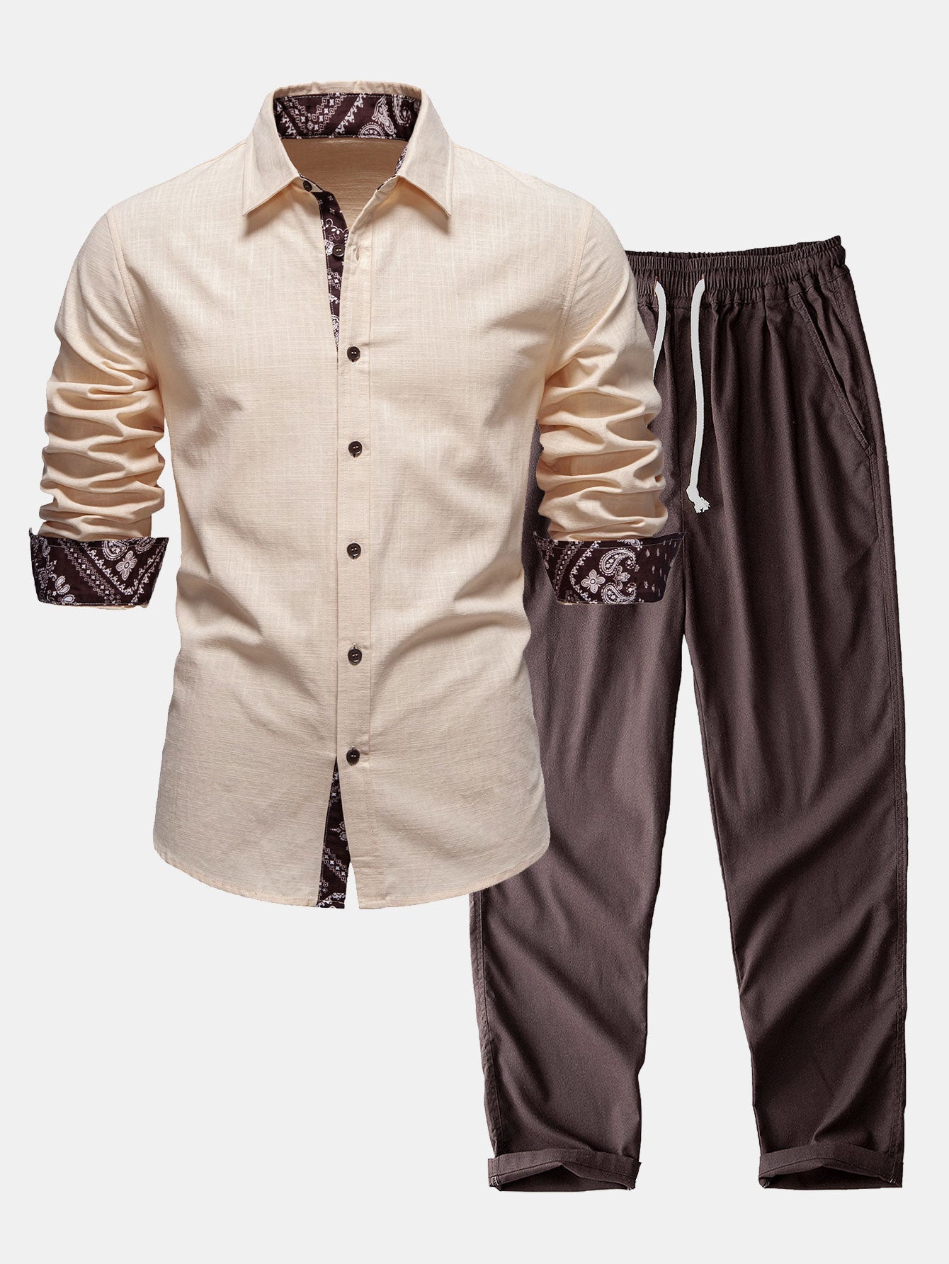 Contrast Paisley Print Linen Shirt & Straight Leg Linen Pants Set