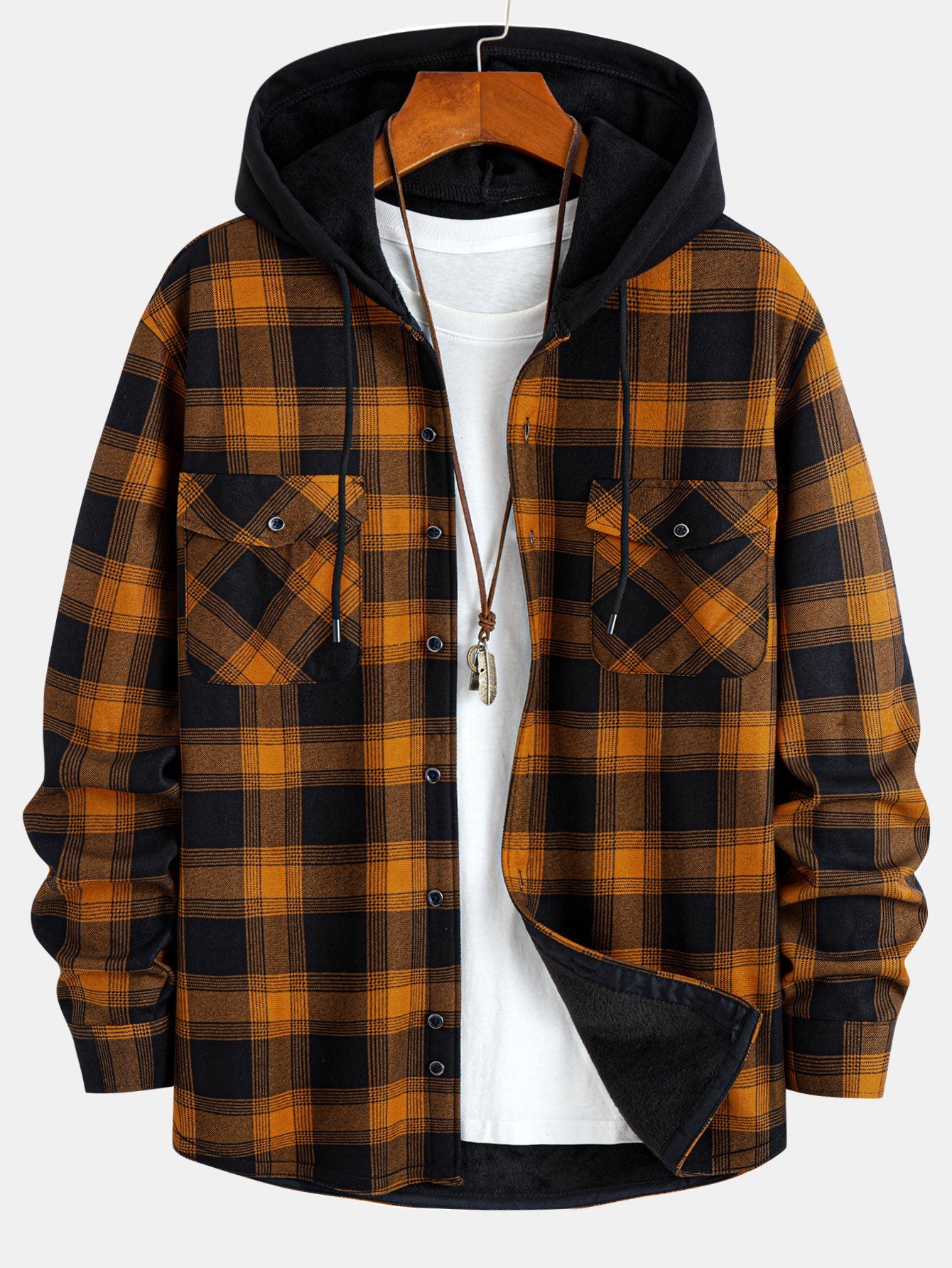 Flannel Fleece Lined Hooded Shirt with Pockets