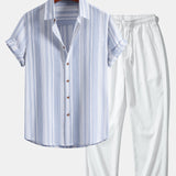 Stripe Linen Shirt & Crinkle Textured Straight Leg Pants Set
