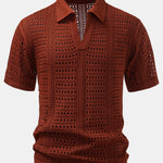 Crochet V Neck Polo Shirt & Crinkle Textured Drawstring 5" Shorts Set