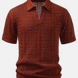 Crochet V Neck Polo Shirt & Crinkle Textured Straight Leg Pants Set