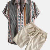 Elephant Geometric Print Shirt & Linen Cotton Blend Drawstring Shorts Set