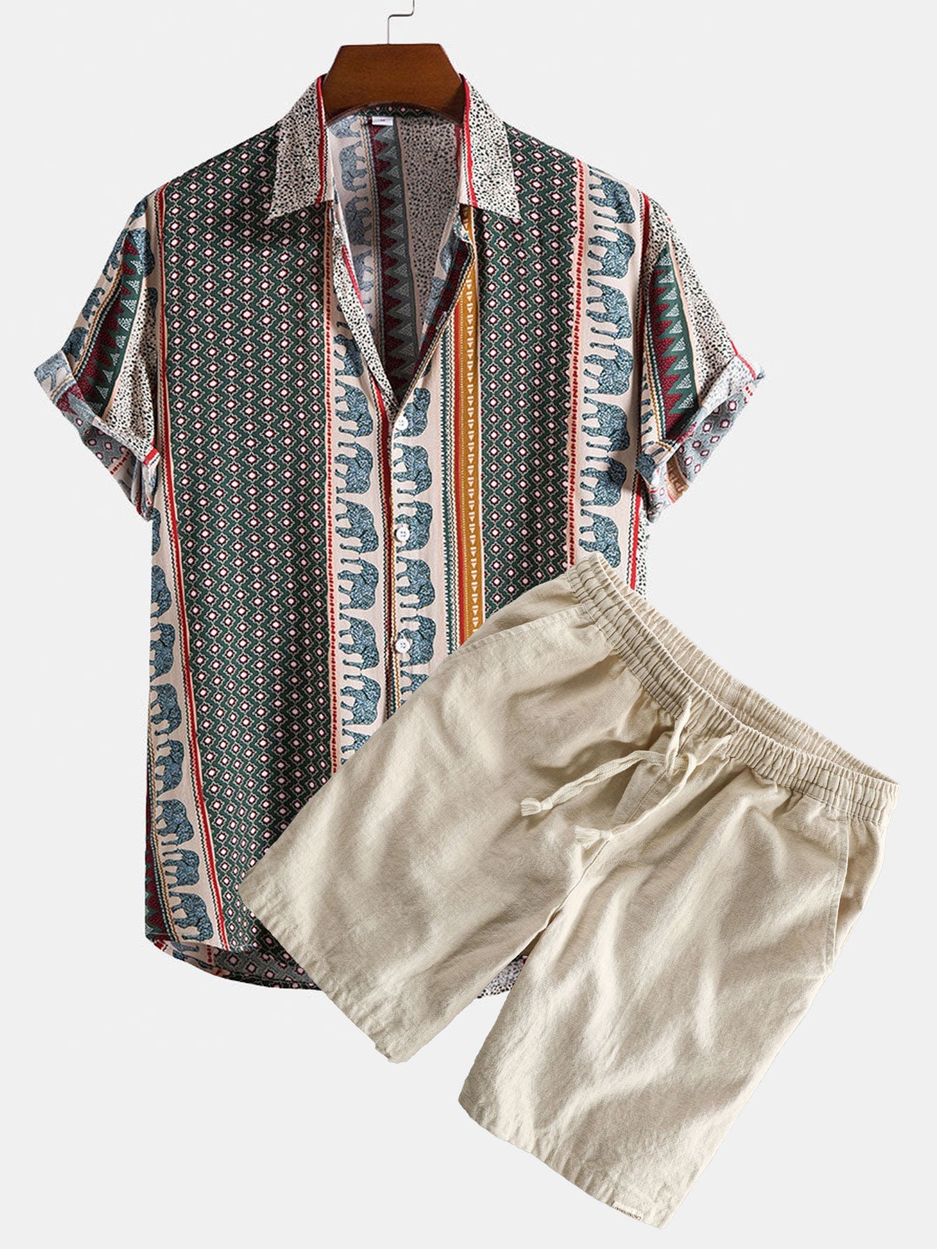 Elephant Geometric Print Shirt & Linen Cotton Blend Drawstring Shorts Set