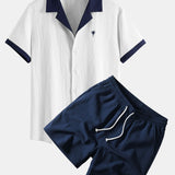 Contrast Palm Tree Embroidery Crinkle Shirt & Crinkle Textured Drawstring Set