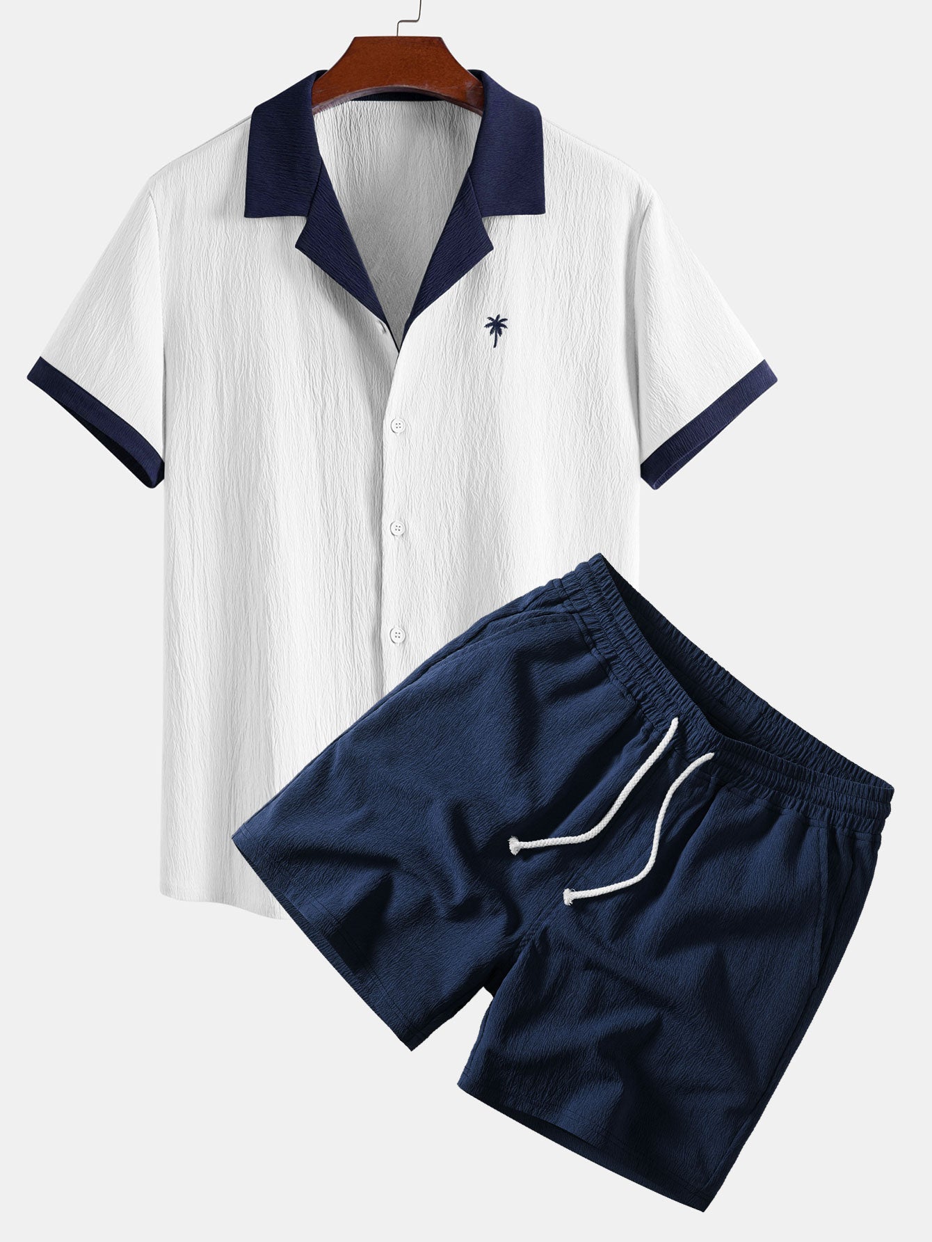 Contrast Palm Tree Embroidery Crinkle Shirt & Crinkle Textured Drawstring Set