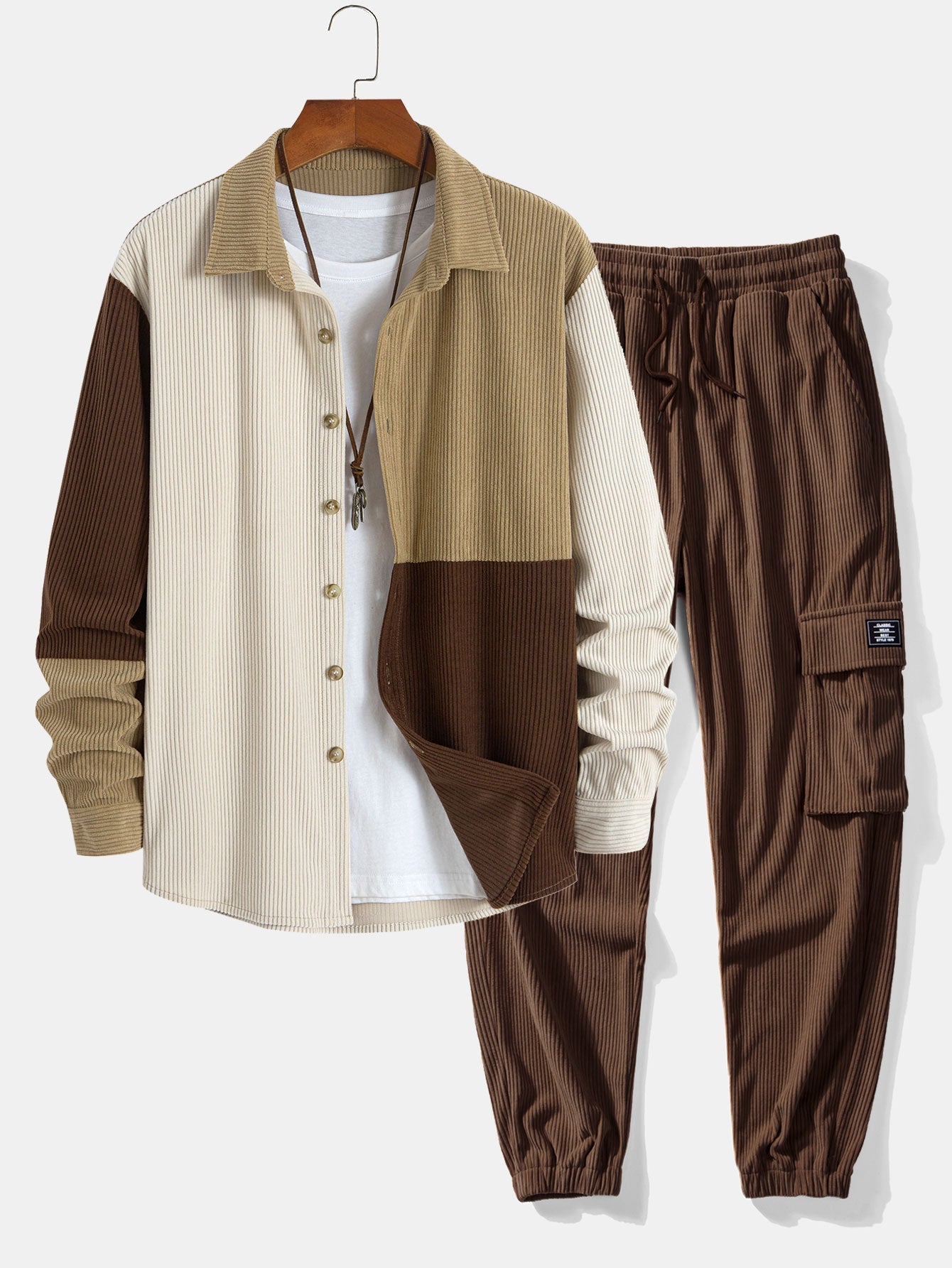 Colorblock Corduroy Shirt & Drawstring Corduroy Cargo Jogger Pants Set