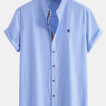 Short Sleeve Cotton Stripe Stand Collar Shirt