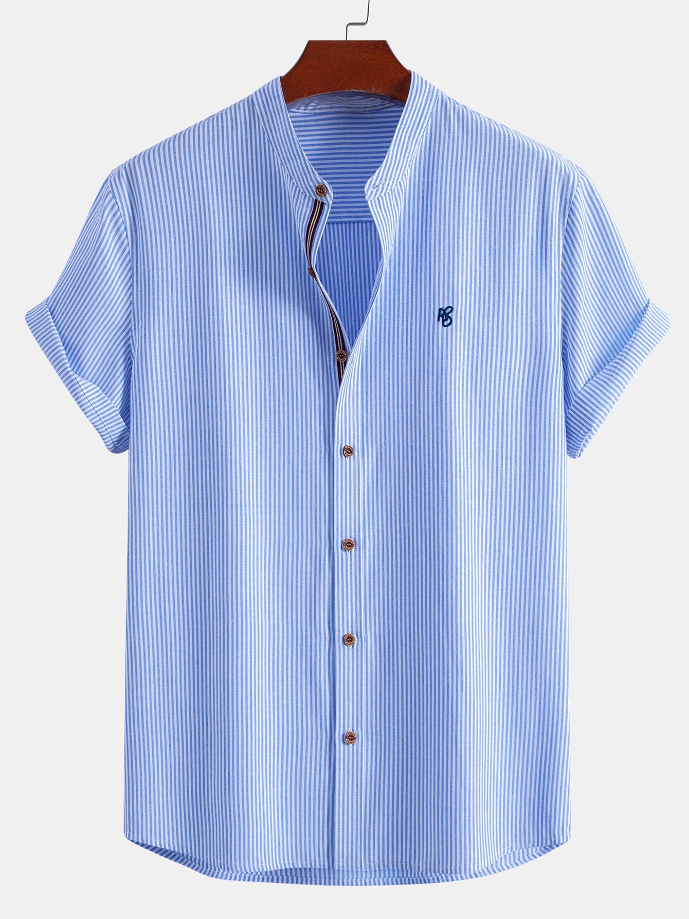 Short Sleeve Cotton Stripe Stand Collar Shirt