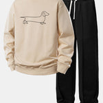 Line Dachshund Print Sweatshirt & Pleated Pintuck Sweatpants Set
