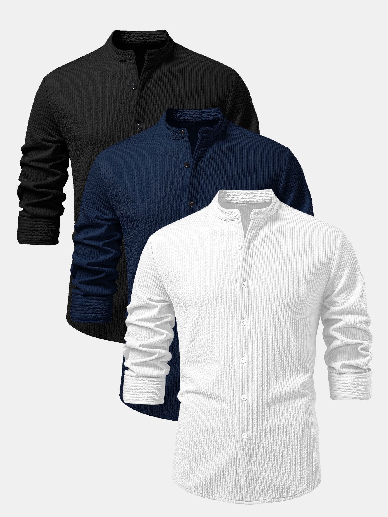 3 Pieces Long Sleeve Muscle Fit Ribbed Stand Collar Shirt