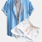 Striped Button Up Shirt & Man Mid Length Drawstring Swim Shorts Set