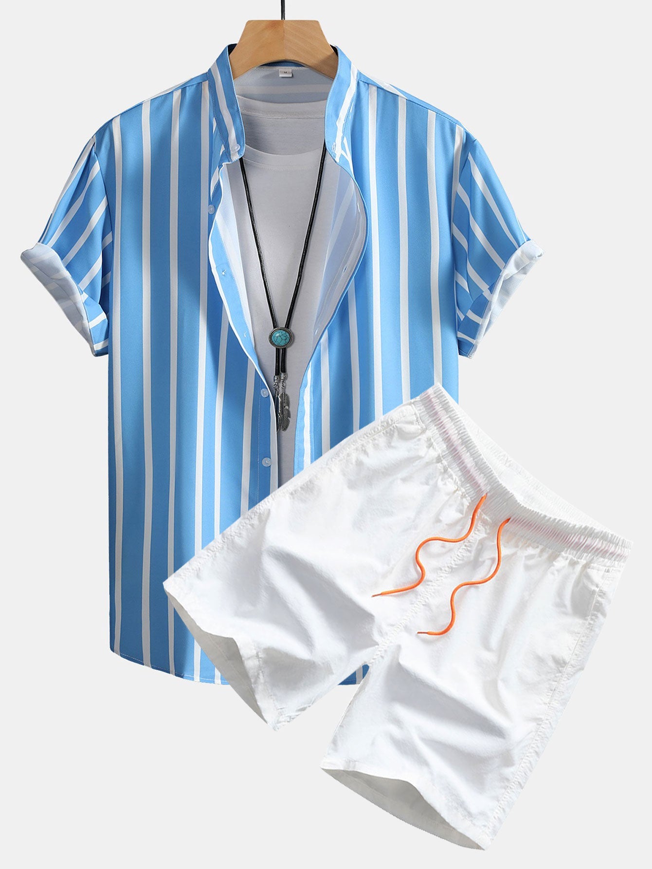Striped Button Up Shirt & Man Mid Length Drawstring Swim Shorts Set