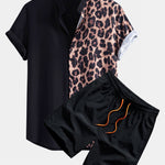 Leopard Patchwork Stand Collar Shirt & Swim Shorts Set
