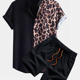 Leopard Patchwork Stand Collar Shirt & Swim Shorts Set