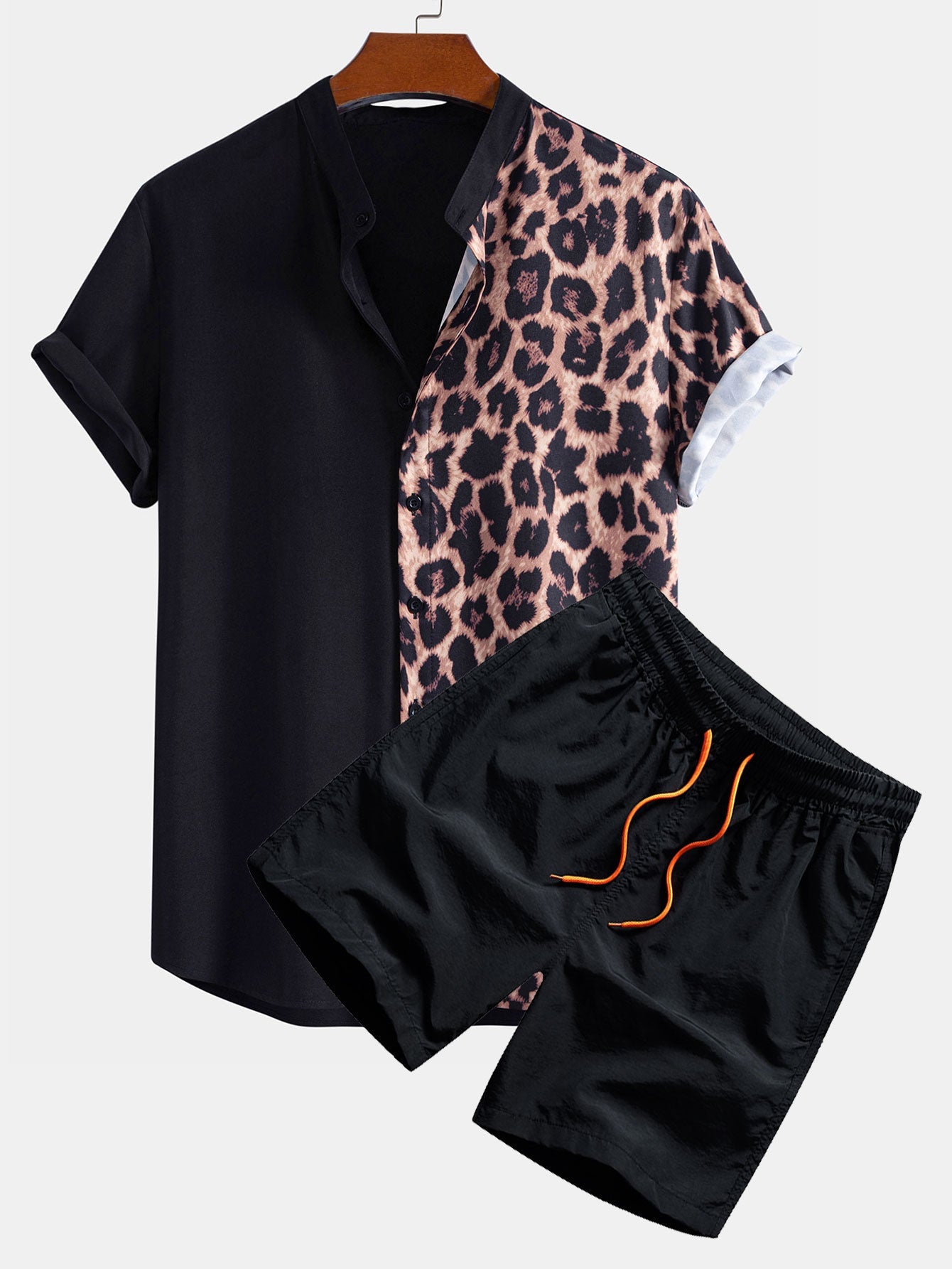 Leopard Patchwork Stand Collar Shirt & Swim Shorts Set