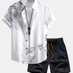Traditional Oriental Ink Painting Print Shirt & Drawstring Swim Shorts Set