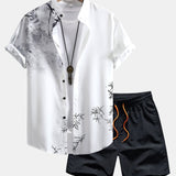 Traditional Oriental Ink Painting Print Shirt & Drawstring Swim Shorts Set