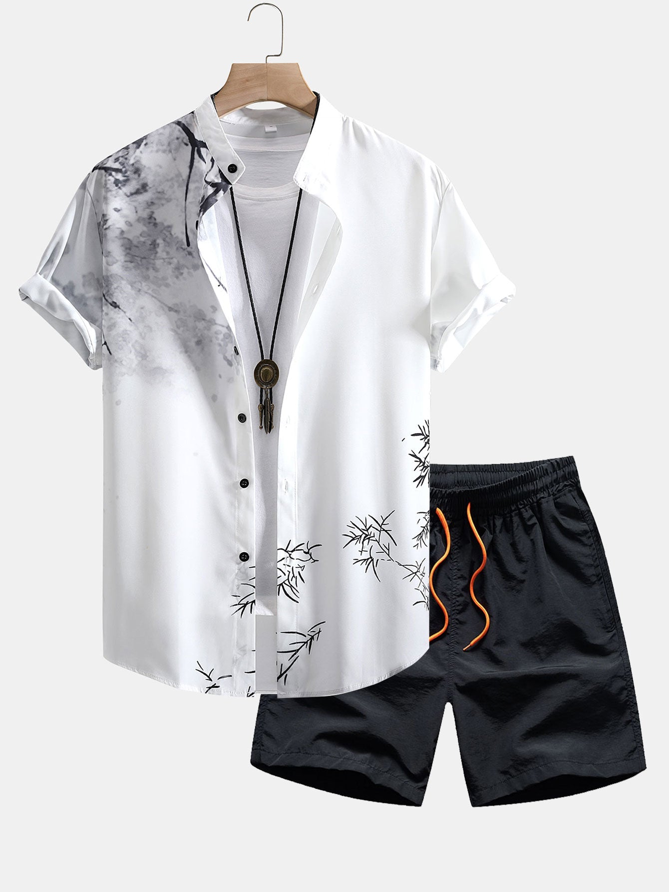 Traditional Oriental Ink Painting Print Shirt & Drawstring Swim Shorts Set