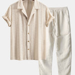 Floral Jacquard Textured Cuban Shirt & Straight Leg Linen Pants Set
