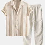 Floral Jacquard Textured Cuban Shirt & Straight Leg Linen Pants Set