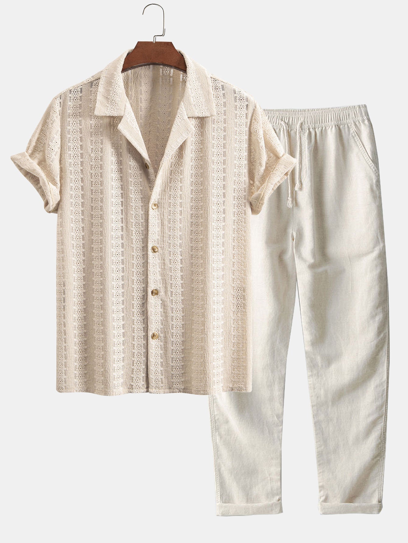 Floral Jacquard Textured Cuban Shirt & Straight Leg Linen Pants Set