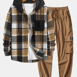 Corduroy Plaid Hooded Shirt & Drawstring Corduroy Cargo Jogger Pants Set