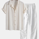 Short Sleeve Waffle Cuban Shirt & Straight Leg Linen Pants Set