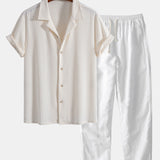 Short Sleeve Waffle Cuban Shirt & Straight Leg Linen Pants Set