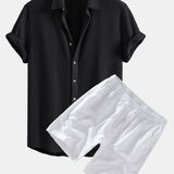 Waffle Shirt & Linen Cotton Blend Drawstring Shorts Set