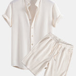 Waffle Stand Collar Shirt & Drawstring Waffle Shorts Set