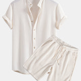 Waffle Stand Collar Shirt & Drawstring Waffle Shorts Set