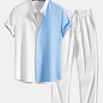 Two Tone Muscle Fit Ribbed Stand Collar Shirt & Ribbed Pants Set