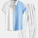 Two Tone Muscle Fit Ribbed Stand Collar Shirt & Ribbed Pants Set