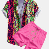 Colorful Leopard Print Shirt & Swim Shorts Set