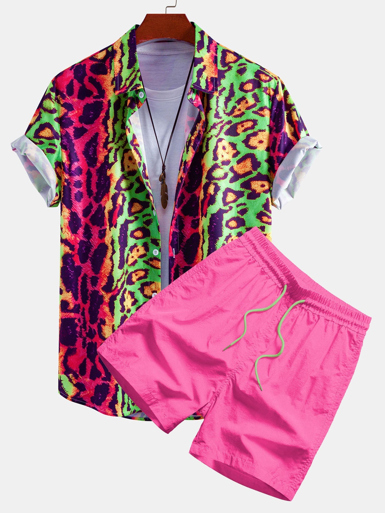 Colorful Leopard Print Shirt & Swim Shorts Set