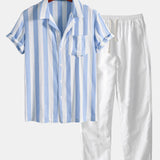 Striped Cuban Collar Shirt & Straight Leg Linen Pants Set
