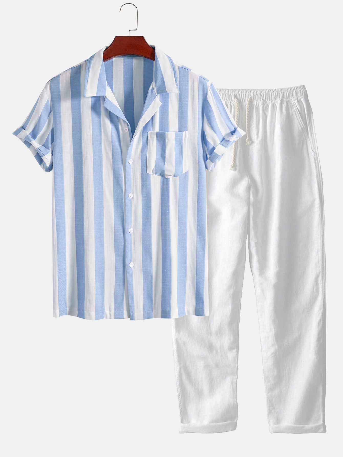 Striped Cuban Collar Shirt & Straight Leg Linen Pants Set