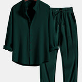 Long Sleeve Muscle Fit Ribbed Stand Collar Shirt & Ribbed Pants Set
