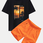 Palm Trees Landscape Slogan Print Oversize T-Shirt & Swim Shorts Set