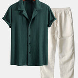 Muscle Fit Diamond Texture Cuban Shirt & Straight Leg Linen Pants Set