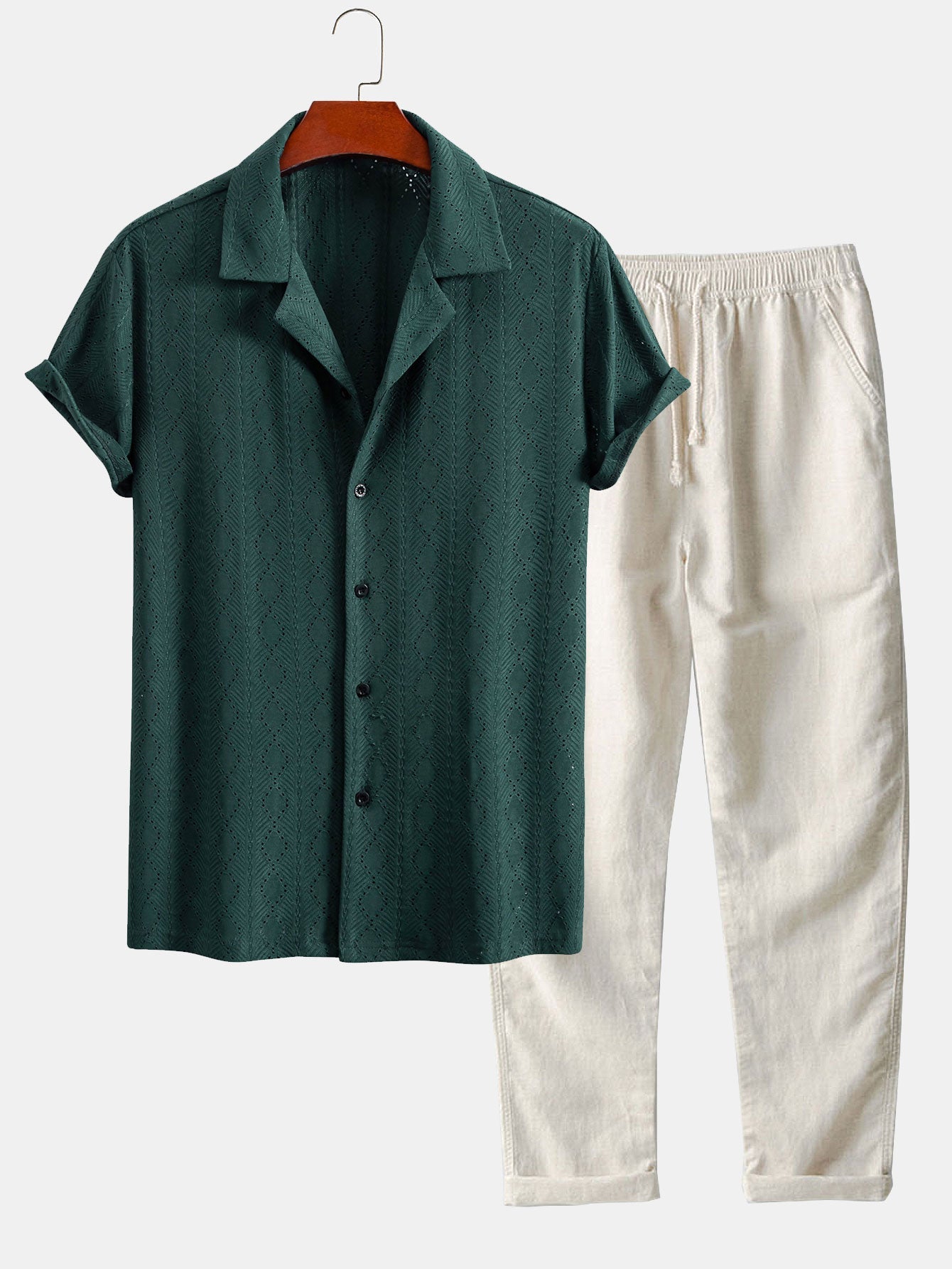 Muscle Fit Diamond Texture Cuban Shirt & Straight Leg Linen Pants Set