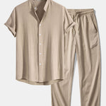 Linen and Rayon Blend Stand Collar Shirt & Wrinkle Textured Pants Set