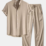 Linen and Rayon Blend Stand Collar Shirt & Wrinkle Textured Pants Set