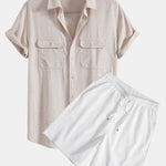 Linen Rayon Blend Pocket Utility Shirt & Crinkled Textured Drawstring Shorts Set