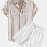 Linen Rayon Blend Pocket Utility Shirt & Crinkled Textured Drawstring Shorts Set