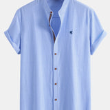 Short Sleeve Cotton Stripe Stand Collar Shirt & Linen Pants Set